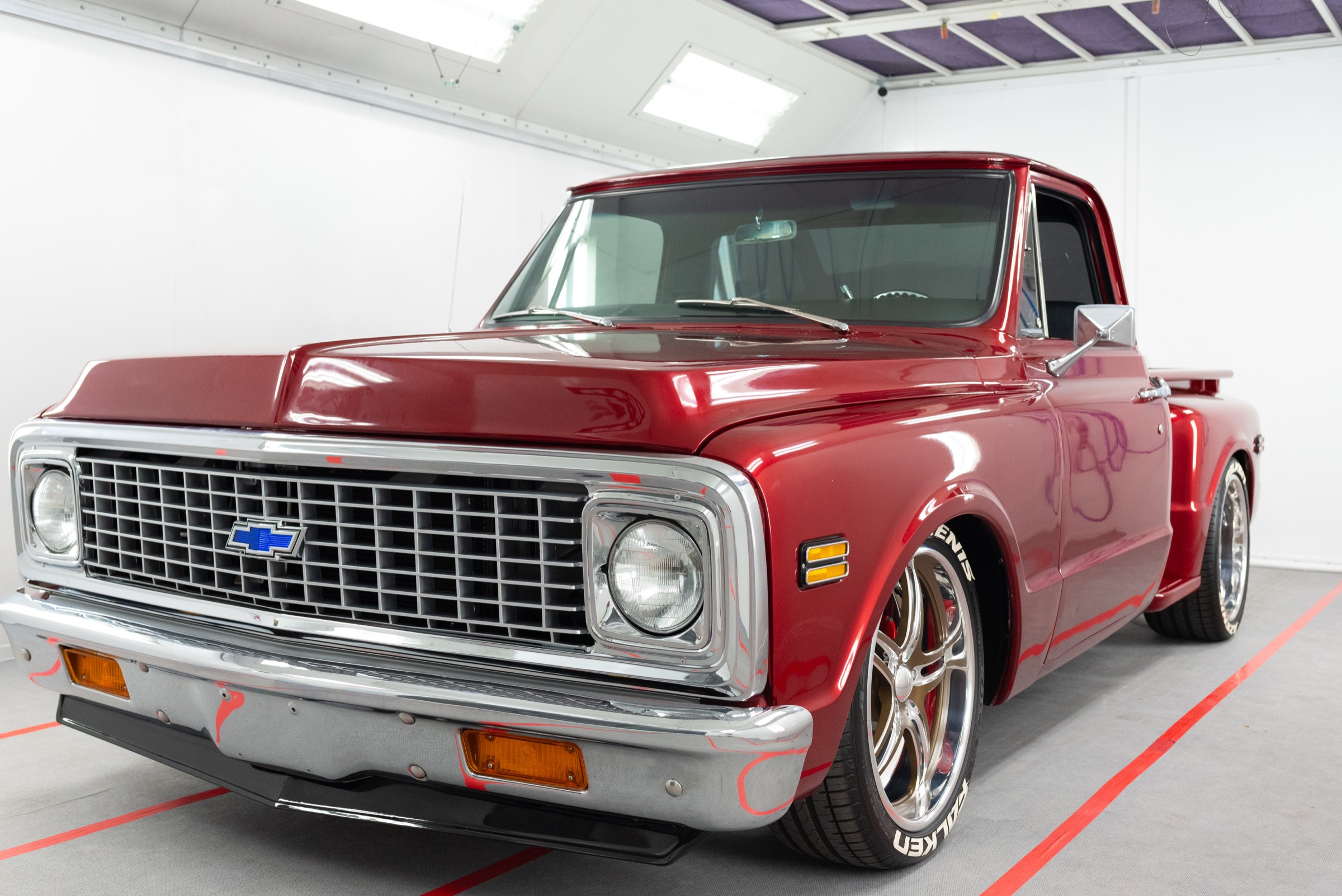 1970 Chevrolet C10 Stepside in Chevy maroon with custom bronze Boze wheels, restored by Morgan Muscle Cars in Pelham, Alabama