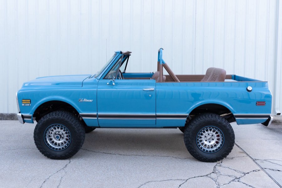1972 Chevrolet K5 Blazer in light blue with top removed — passenger-side profile, restored by Morgan Muscle Cars